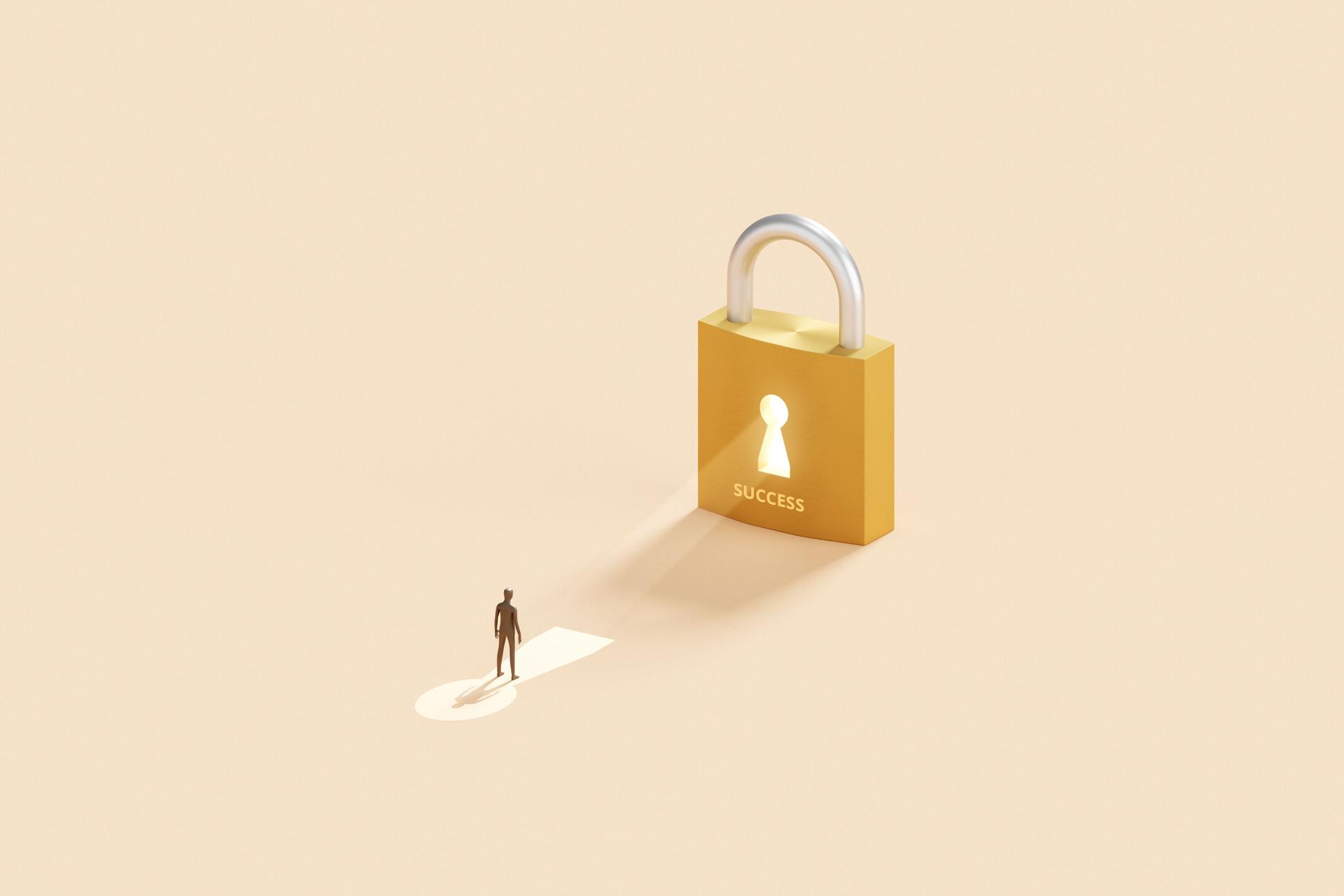 Businessman unlock key of success business solution concept on opportunity achievement 3d background with successful security access strategy idea open lock finance wealth vision way goal development.