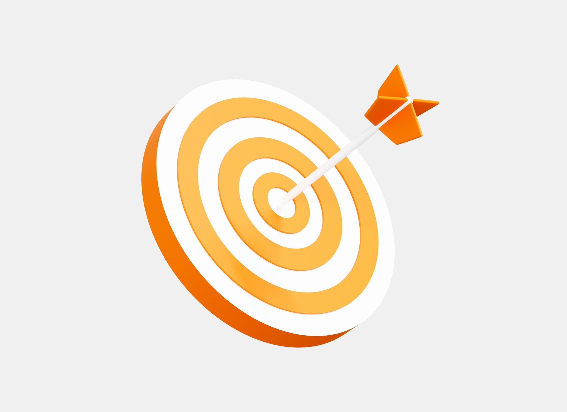 3D Target with arrow hit center. Marketing time concept. Business success. Hitting the target. Yellow dartboard. SMM marketing. Cartoon creative design icon isolated on white background. 3D Rendering